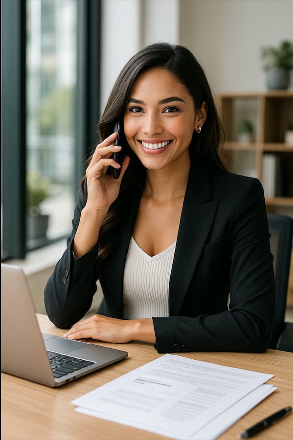 Asesora inmobiliaria internacional atendiendo una consulta